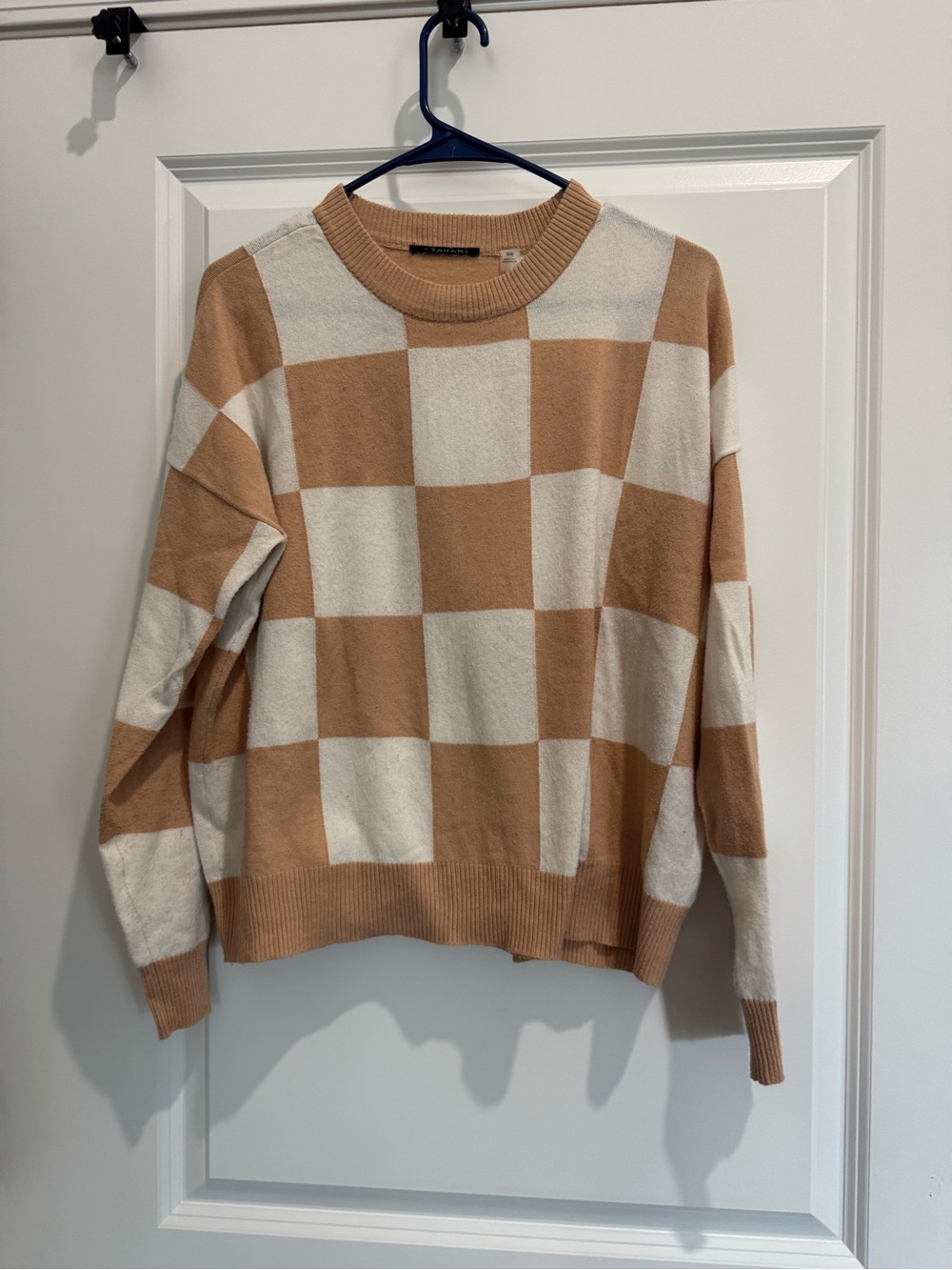 Tahari Beige and Cream Checked Crewneck Sweater & Gray and White Sweater